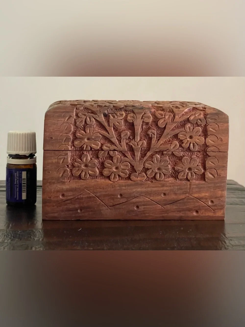 Hand-Carved Indian Wooden Floral Box - Brown